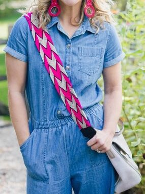 Salt Classic woven crossbody hot pink tan chevron bag camera strap